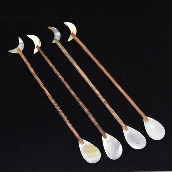 Handmade Spoons Set of 4 Mother of Pearl Long Wood Handles Ice Tea Spoon - Picture 1 of 5